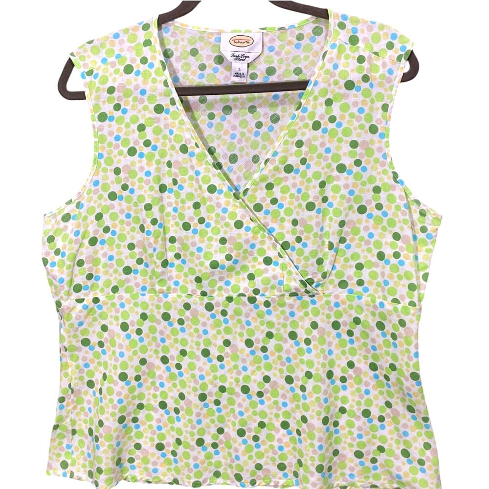 Vintage 90s Talbots Faux-Wrap Tank Top Irish Linen Green & White Women's Large